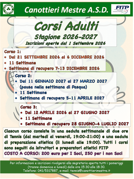 Tennis: Corsi Adulti 2026/27